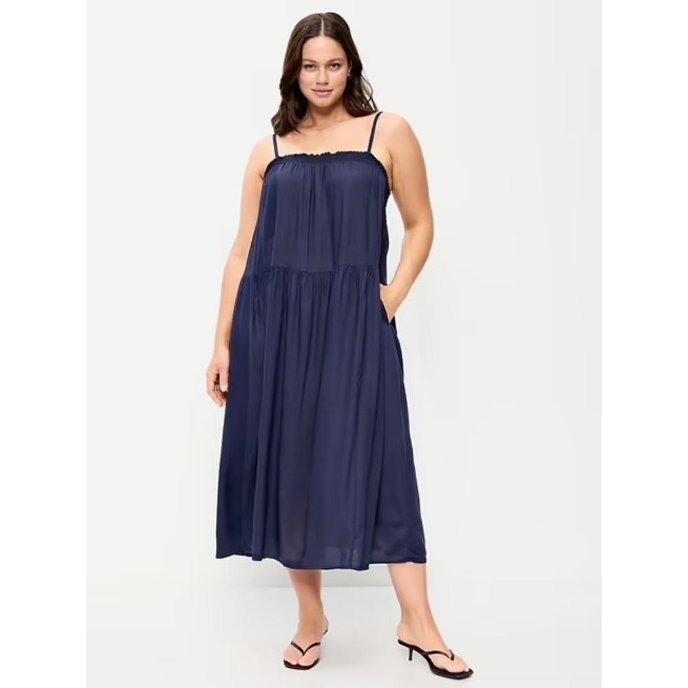 Old Navy Cami Maxi Dress Navy Blue Smocked Tiered Rayon XL NWT
